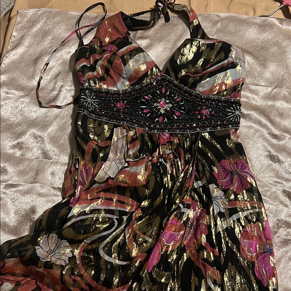 Sue Wong Black and Pink Floral Halter Dress